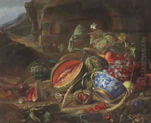 Melons, peaches, grapes, cherries and other fruits, with a wan-li porcelain bowl with gilt mount, insects and butterflies, in a landscape
