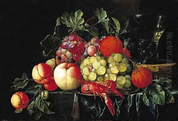 Peaches, oranges, grapes on the vine and crayfish on a pewter plate, with a roemer on a box on a partly draped stone ledge - view 1