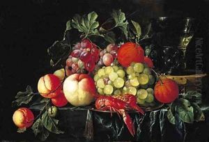Peaches, oranges, grapes on the vine and crayfish on a pewter plate, with a roemer on a box on a partly draped stone ledge