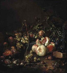 Peaches, grapes, walnuts, mushrooms, snails and a thistle, on a river bank