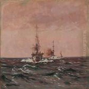 Seascape Fromt The Baltic Sea With Warships by Vilhelm Karl Ferd. Arnesen