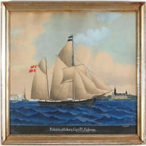 The Schooner Makrelen Of Aalborg Off The Coast Of Kronborg Castle by Vilhelm Karl Ferd. Arnesen