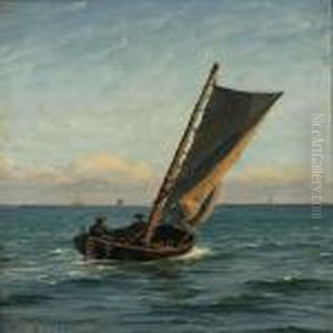 Seascape With Two Fishermen In A Sailing Boat by Vilhelm Karl Ferd. Arnesen