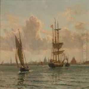 Coastal Scene From Copenhagen With Sailing Ships Near Thecoast by Vilhelm Karl Ferd. Arnesen