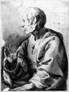 A saint in profile to the left, half-length, raising his left hand