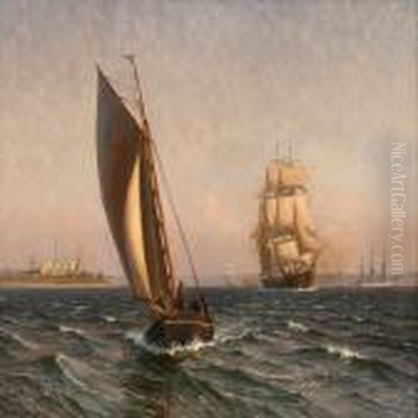 Marine With Smaller And Larger Sailing Ships Near Elsinore Castle - view 1