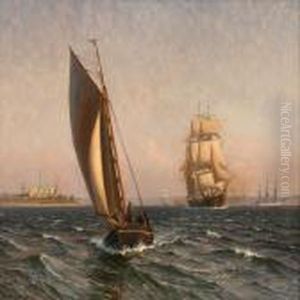 Marine With Smaller And Larger Sailing Ships Near Elsinore Castle by Vilhelm Karl Ferd. Arnesen
