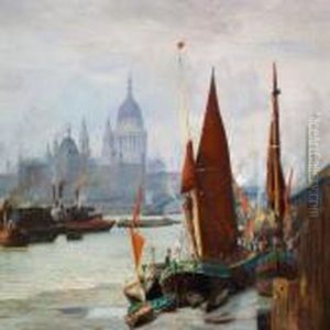 View Of The Thames In London With St. Paul's Cathedral by Vilhelm Karl Ferd. Arnesen