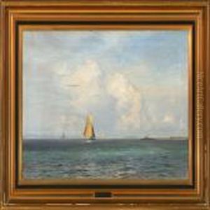 Marine With Sailing Ships Off A Coast by Vilhelm Karl Ferd. Arnesen