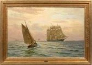 Dreimaster Und Fischerboot Vor Der Danischen Kuste by Vilhelm Karl Ferd. Arnesen