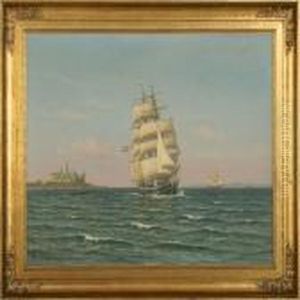 Seascape With Sailingships, In Th Ebackground Kronborg by Vilhelm Karl Ferd. Arnesen