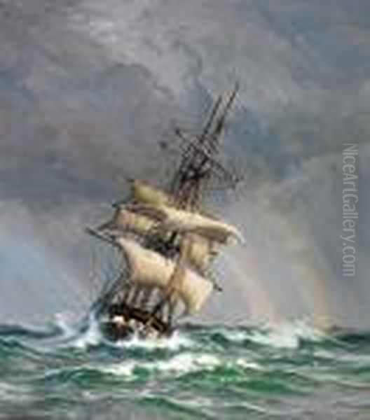 Arnesen: Large Sailing Ship In High Seas With Rainbows. Signed Vilh. Arnesen 7 - view 1