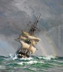Arnesen: Large Sailing Ship In High Seas With Rainbows. Signed Vilh. Arnesen 7 by Vilhelm Karl Ferd. Arnesen