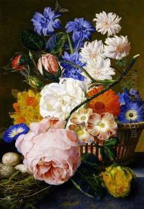 Roses morning glory narcissi aster and other flowers in a basket with eggs in a nest on a marble ledge by Jan Van Huysum