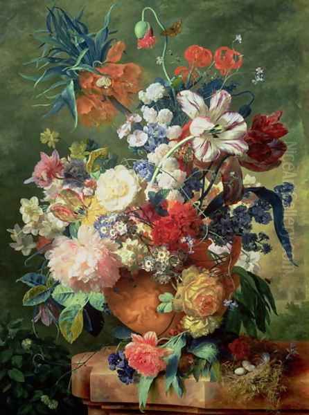 Still Life of Flowers and a Birds Nest on a Pedestal - view 1