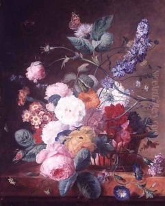 Roses, Dahlia Delphinium and other Flowers in a Basket on a Marble Ledge