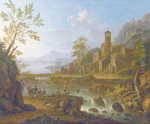 An Italianate river landscape with a muleteer and anglers, a hilltop town beyond by Jan Van Huysum