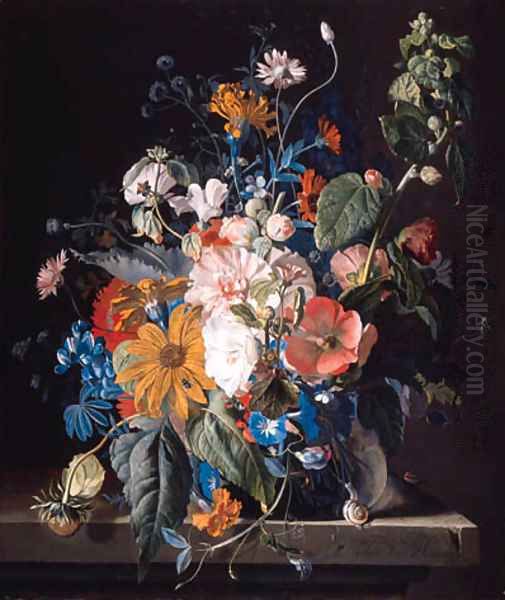 Poppies, hollyhock, morning glory, viola, daisies, sweet pea, marigolds and other flowers in a vase with a snail on a ledge - view 1