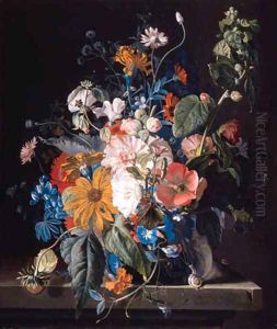 Poppies, hollyhock, morning glory, viola, daisies, sweet pea, marigolds and other flowers in a vase with a snail on a ledge