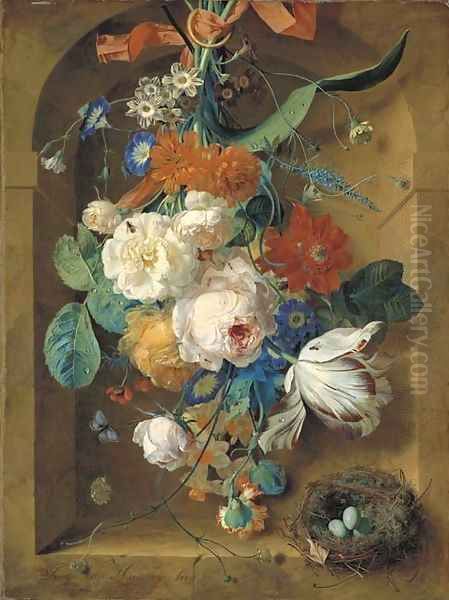 A festoon of flowers hanging from a red ribbon in a stone niche with a bird's nest - view 1