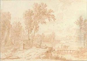 A classical landscape with a path by a lake by Jan Van Huysum