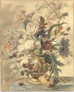 Flowers in a terracotta urn on a marble ledge, a snail to the left by Jan Van Huysum