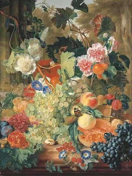 Green grapes on the vine with morning glory, pink and white hollyhocks, a red opium poppy, a walnut, hazelnuts, a split melon, a pomegranate - view 1