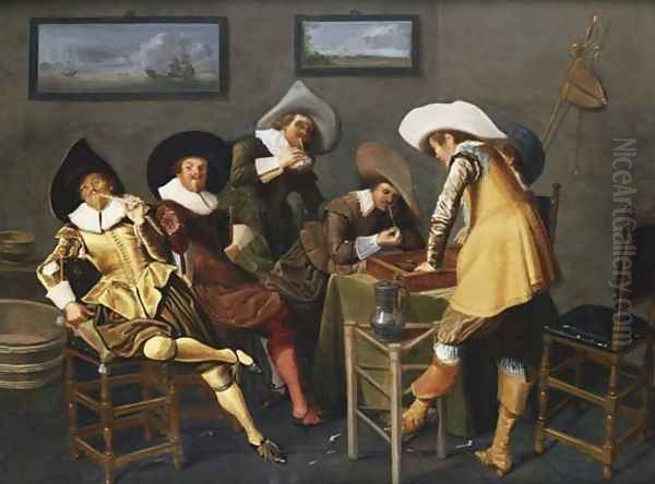 Gentlemen Smoking and Playing Backgammon in an Interior - view 1