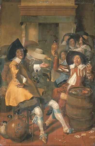 Elegantly dressed men merrymaking in an interior - view 1