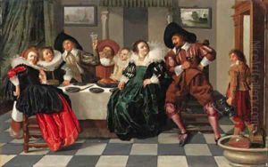 Elegant company at table in an interior by Dirck Hals