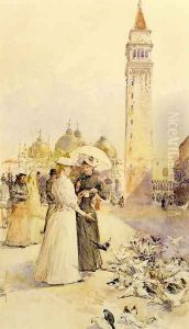 Feeding Pigeons in the Piazza by Childe Hassam