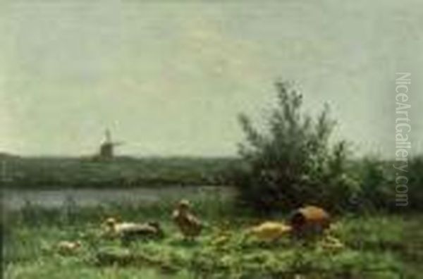Ducks Along The Waterfront, A Windmill Beyond - view 1