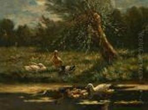 A Family Of Ducks Along The Riverbank by David Adolf Constant Artz