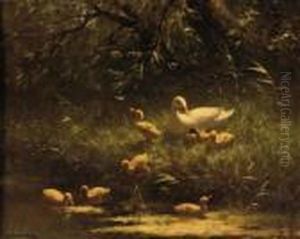 Mother Duck And Her Ducklings by David Adolf Constant Artz