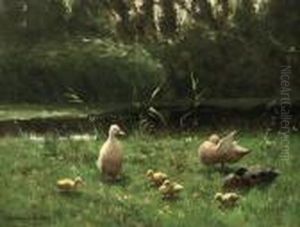Ducks In A Sunlit Meadow by David Adolf Constant Artz