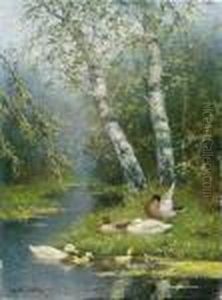 Ducks In A Birch Tree-lined Brook by David Adolf Constant Artz