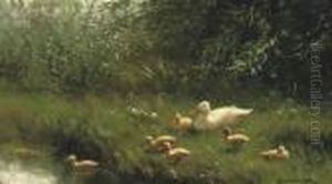Mother Duck And Her Ducklings Near A Pond by David Adolf Constant Artz
