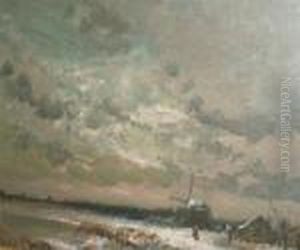 Snowy Landscape With Figures And Windmills by David Adolf Constant Artz