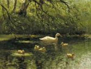 Mother Duck And Her Ducklings by David Adolf Constant Artz