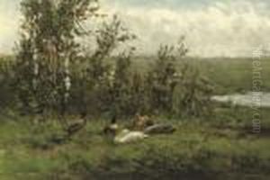 A Group Of Ducks In The Meadow by David Adolf Constant Artz