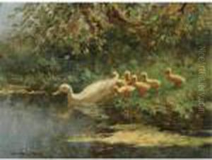 Ducks With Ducklings Near The Waterside by David Adolf Constant Artz