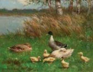 A Duck Family By A Pond by David Adolf Constant Artz