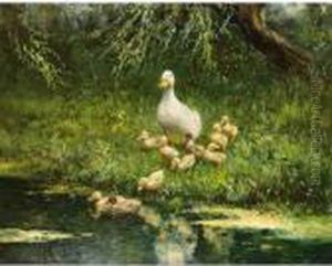 Duck With Ducklings On The Riverbank