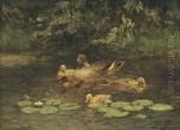 A Duck And Her Chicks On A Pond - view 1