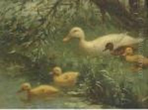 Ducklings With Their Mother At The Waterside by David Adolf Constant Artz