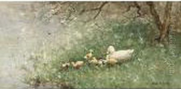 A Duck With Ducklings On The Banks Of A Pond - view 1