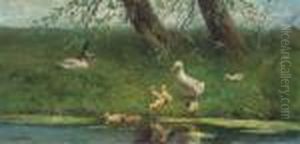 Ducks And Ducklings On A River Bank by David Adolf Constant Artz