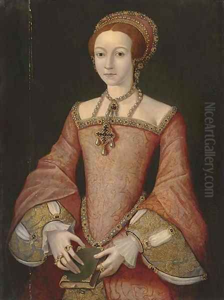 Portrait of Elizabeth when a princess, three-quarter-length, in a red jewelled dress, the bible in her hands - view 1