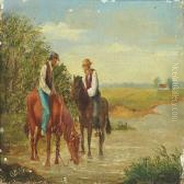 Two Men On Horseback Talking - view 1