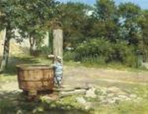 A Child Playing At A Water Pump by Otto Bache
